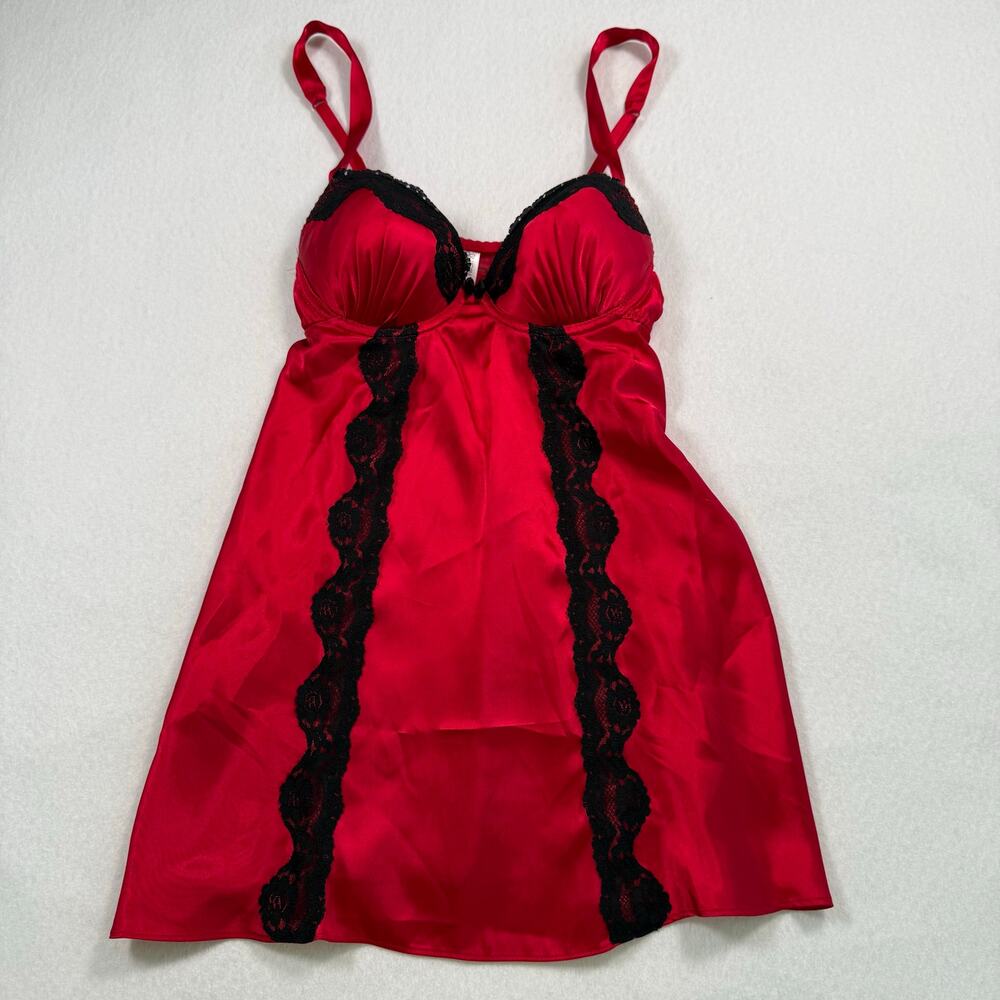 Red Satin Babydoll Lingerie Top Black Lace Details Lightly Padded Bra Size Small